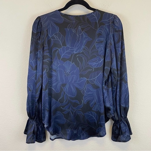 Tucker Floral Silk Floral Tie Neck Blouse Blue Black Size S - Picture 6 of 7